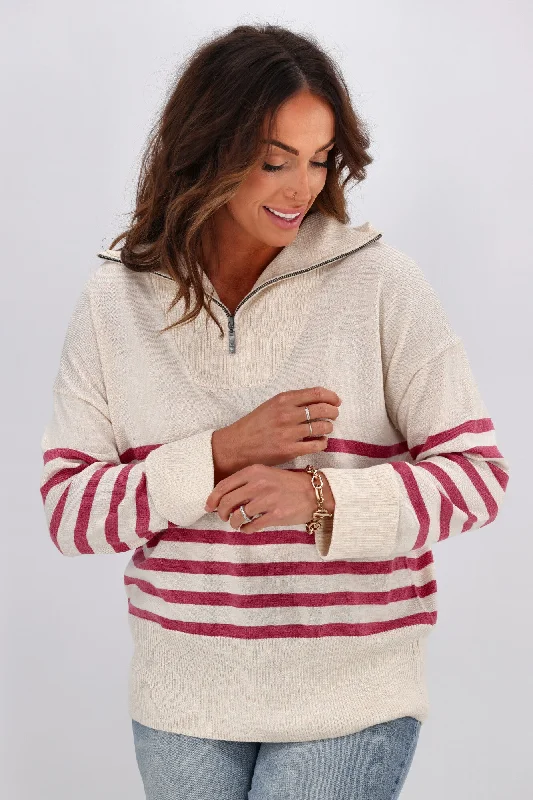 Alpine by Shine On Rhianna Quarter Zip Striped Merino Jumper Oatmeal w Rose