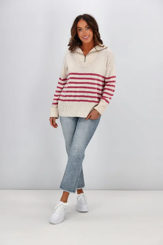 Alpine by Shine On Rhianna Quarter Zip Striped Merino Jumper Oatmeal w Rose