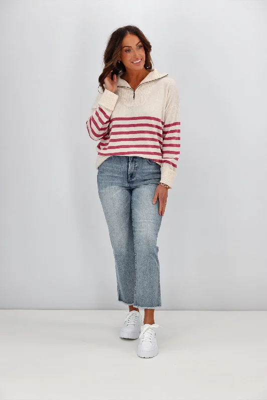 Alpine by Shine On Rhianna Quarter Zip Striped Merino Jumper Oatmeal w Rose