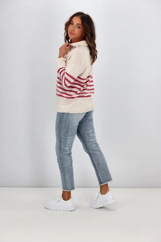 Alpine by Shine On Rhianna Quarter Zip Striped Merino Jumper Oatmeal w Rose