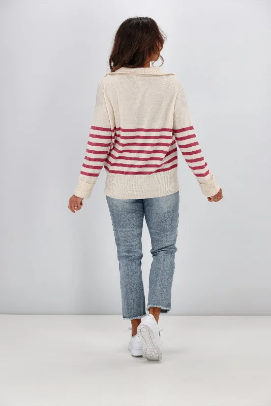 Alpine by Shine On Rhianna Quarter Zip Striped Merino Jumper Oatmeal w Rose