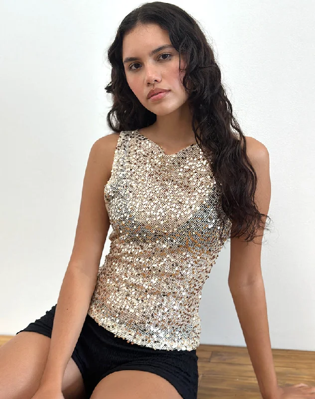 Dudley Vest Top in Sequin Mesh Gold