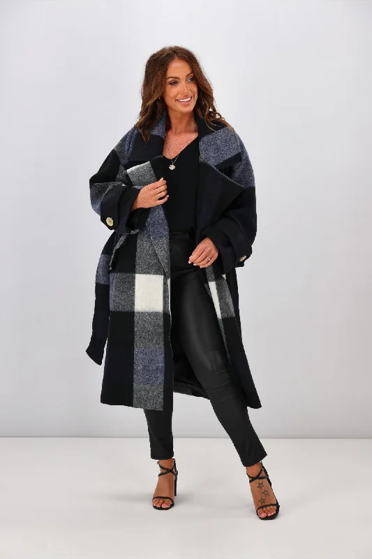 Fate Stranger Oversized Check Coat Navy