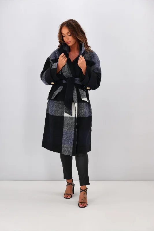 Fate Stranger Oversized Check Coat Navy