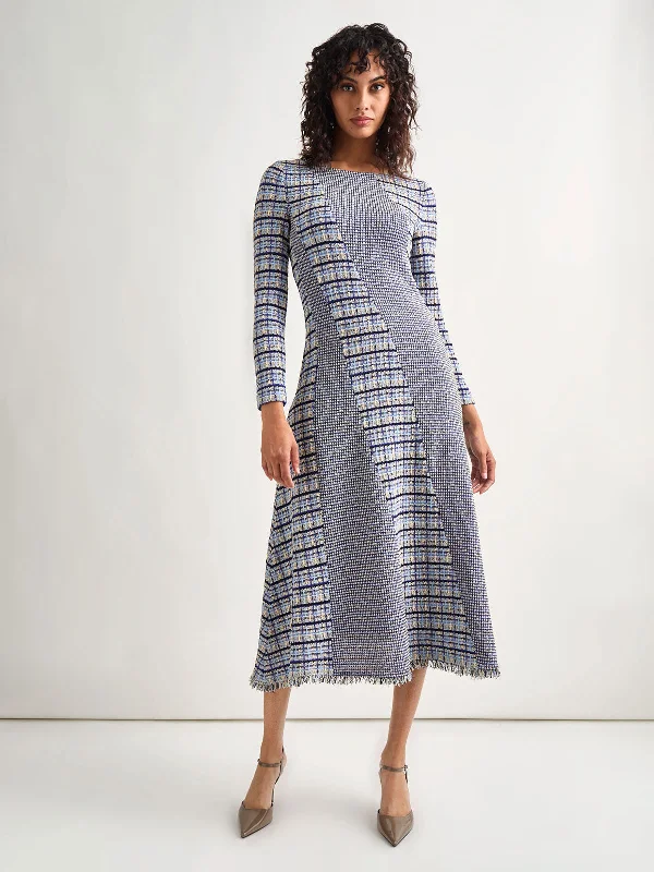 Fit-and-Flare Multi-Stitch Tweed Maxi Dress