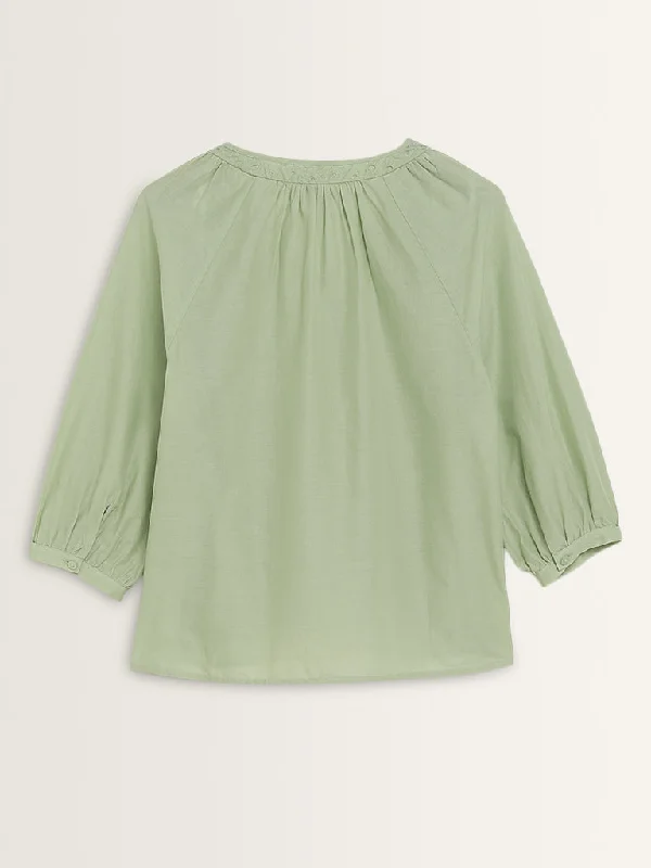 Gia Light Sage Schiffli Detailed Cotton Top