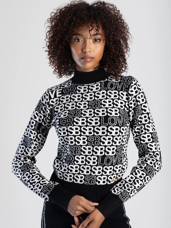 Graffiti Style Turtle Neck Knitted Top - Black/White