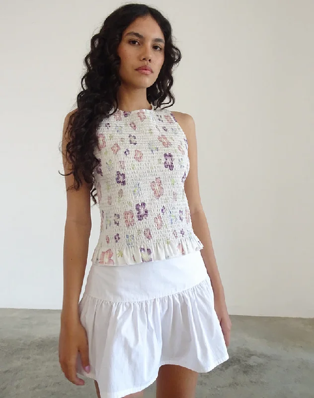 Kagumi Shirred Top in Flower Stamp Purple