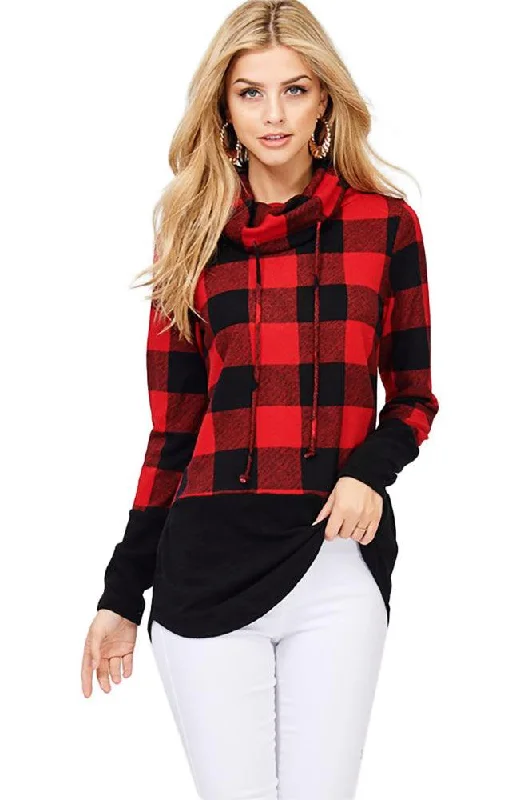 Long Sleeve Plaid Knit Cowl Neck Sweater