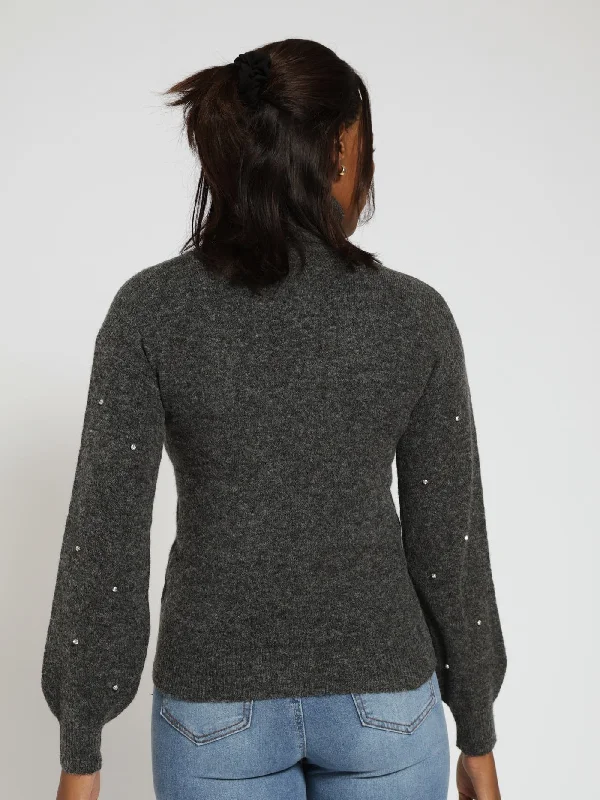 Long Sleeve Roll Neck Embellished Sweater - Charcoal Melange