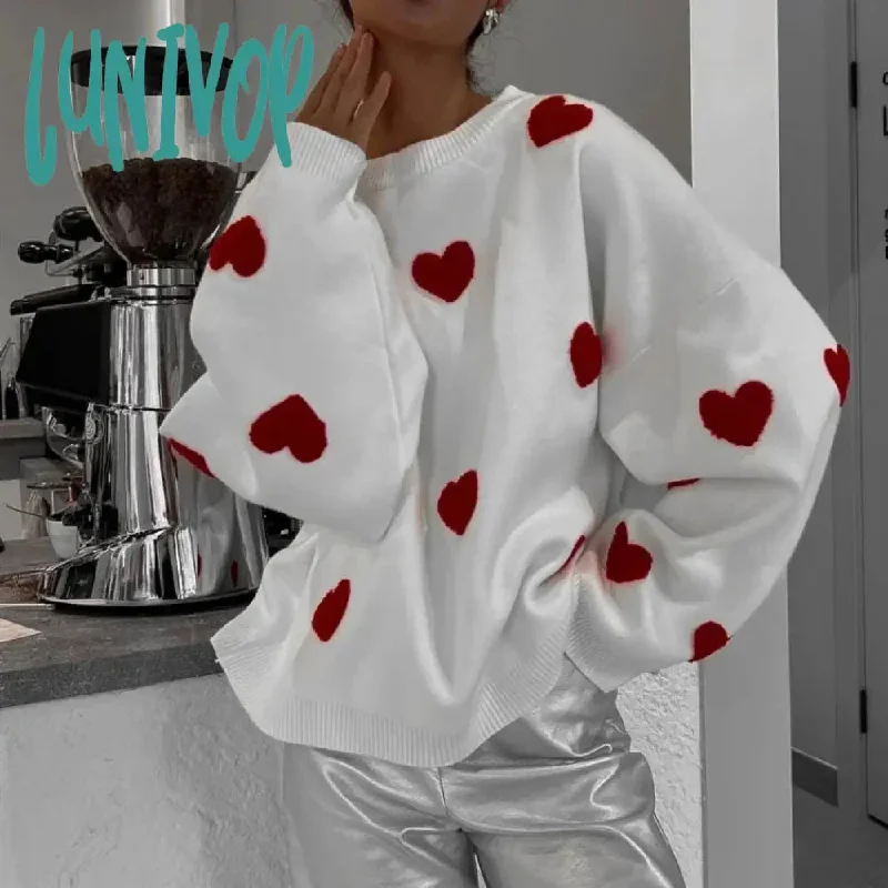 Lunivop  New Embroidered Red Heart Sweater Women Round Neck Loose White Sweater Thick Knitted Sweater Female Causal Pullovers