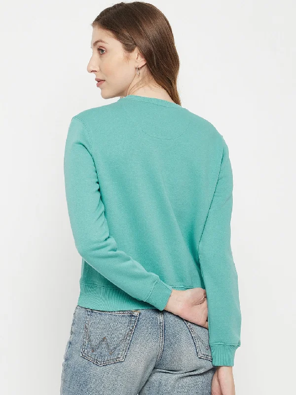 MADAME Crew Neck Cyan Printed Sweatshirt