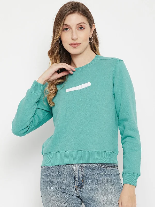 MADAME Crew Neck Cyan Printed Sweatshirt