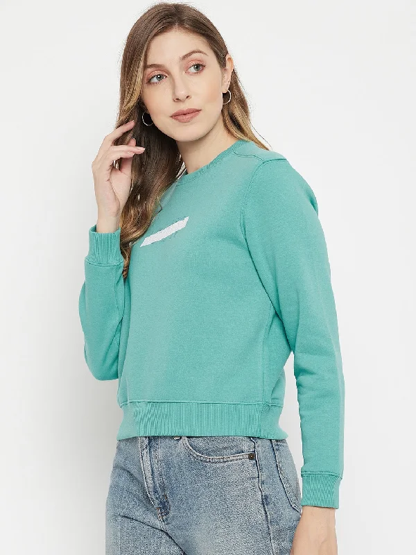 MADAME Crew Neck Cyan Printed Sweatshirt