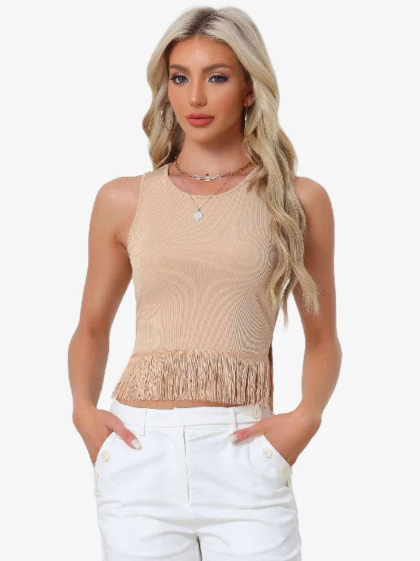 Crew Neck Sleeveless Crop Tassel Trim Ribbed Knit Tank