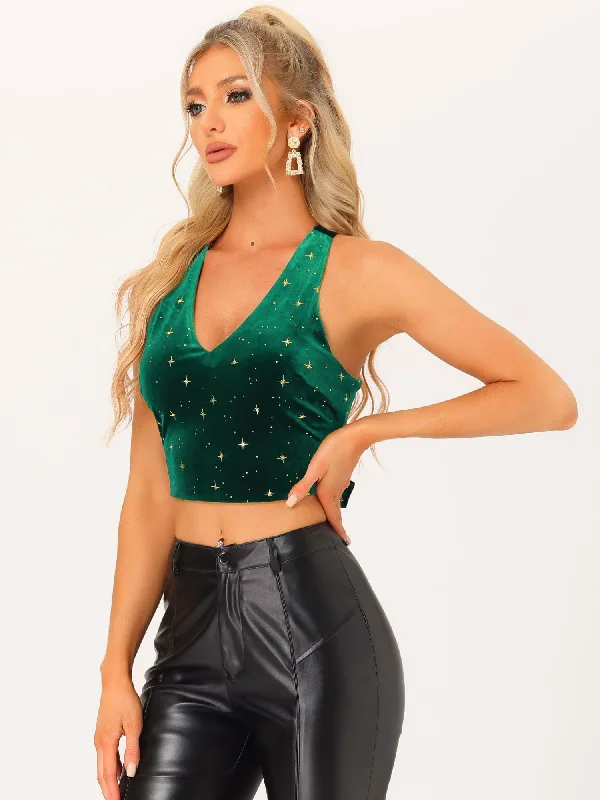 Velvet Cropped Top Sleeveless Crisscross Back Sexy Party Blouse