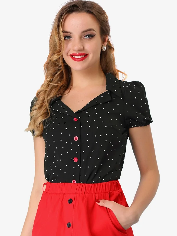 Polka Dots Bubble Sleeve Button Up Peter Pan Collar Blouse