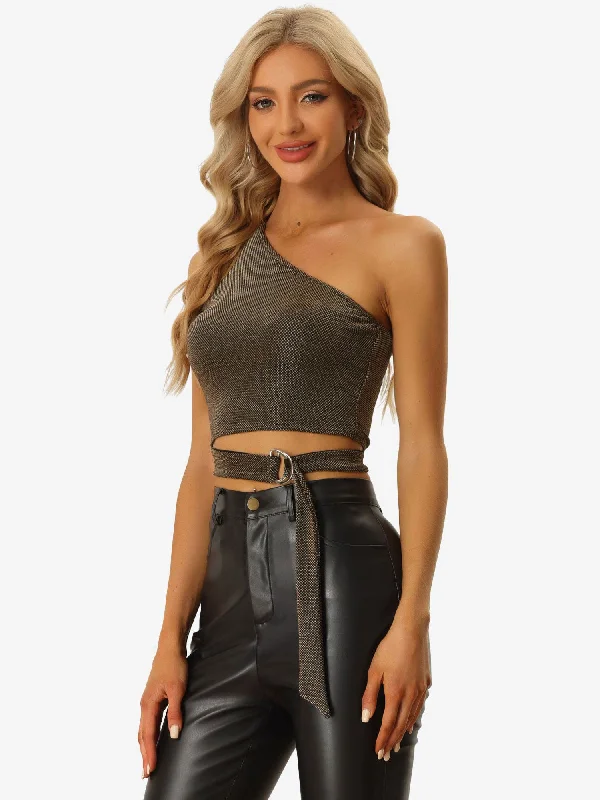 One Shoulder Glitter Sexy Tie Knot Side Polka Dot Crop Tank Top