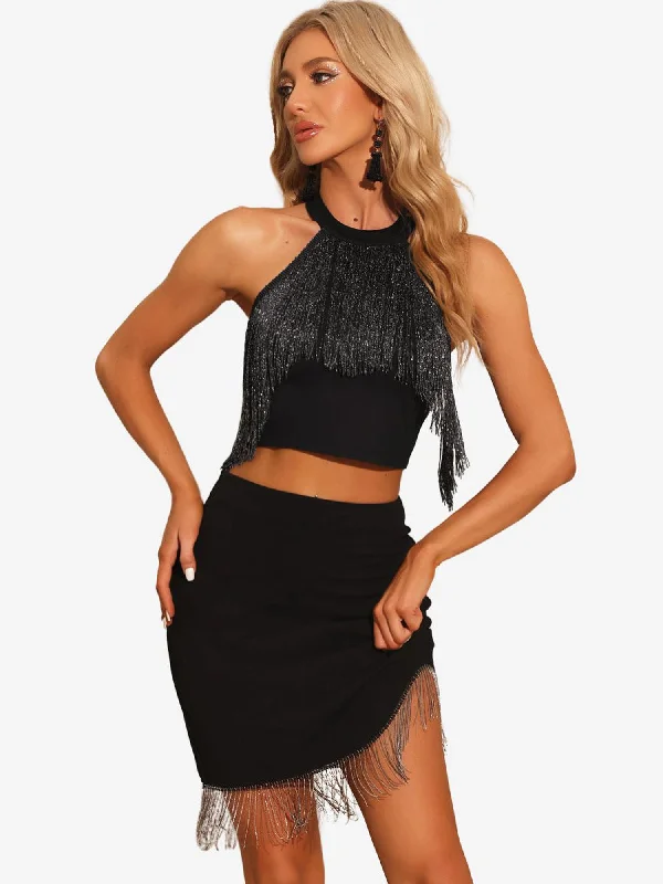 Fringe Sparkly Sleeveless Tie Halter Neck Corset Tank Top