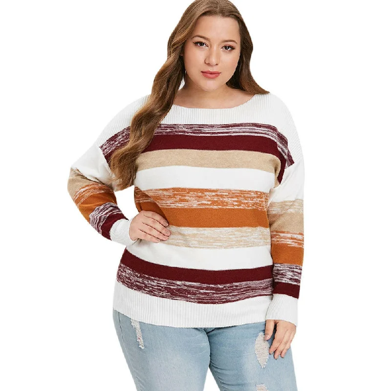 Plus Size Color Block Round Neck Sweater