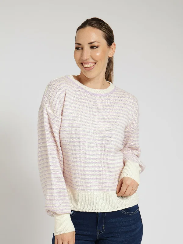 Textured Stripe Pullover With Neck Detail - Lilac