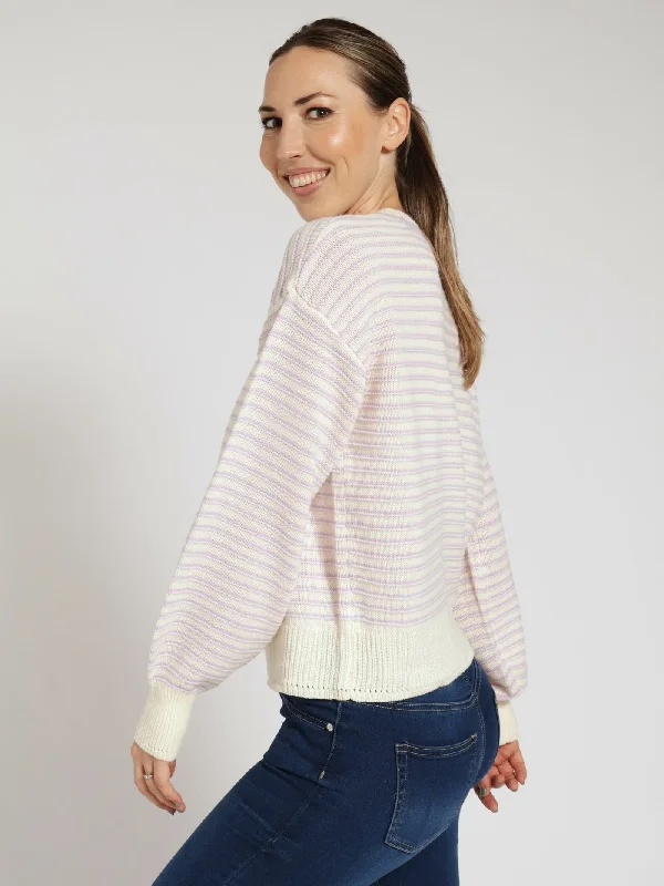 Textured Stripe Pullover With Neck Detail - Lilac