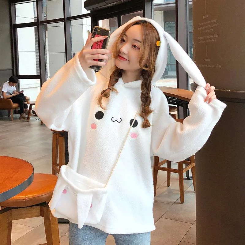 Women's Kawaii Emoji Printed Rabbit Ear Hooded Pure Color Hoodies