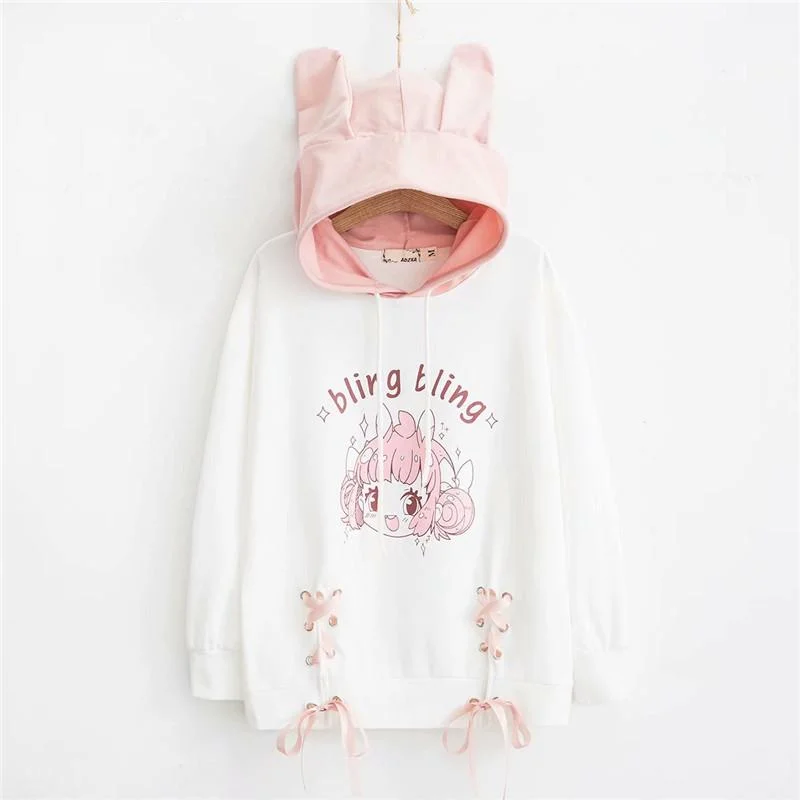 Women's Kawaii Little Girl Printed Lace-up Contrast Color Hoodies