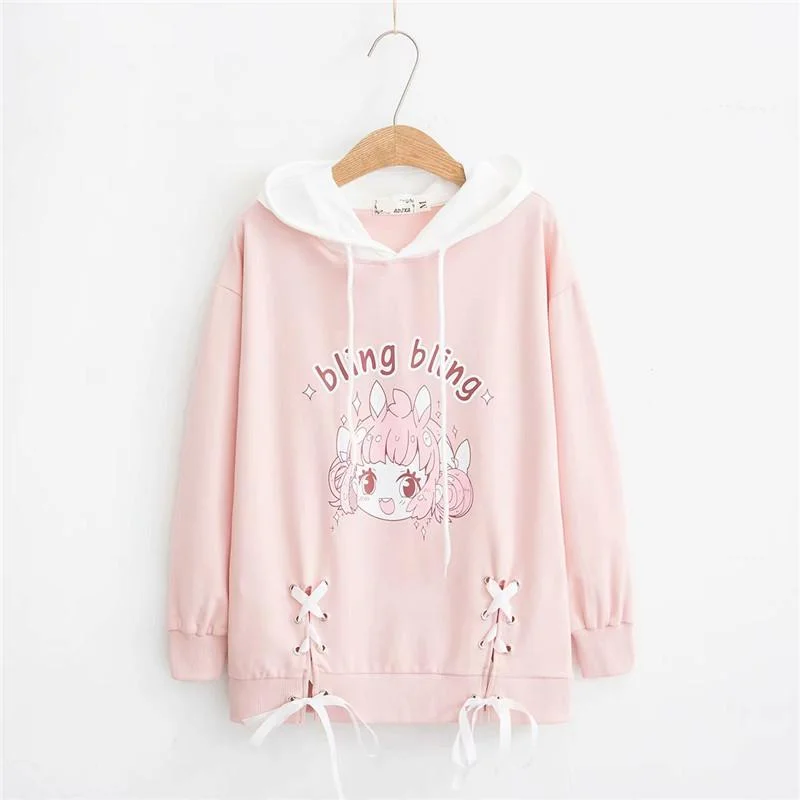 Women's Kawaii Little Girl Printed Lace-up Contrast Color Hoodies