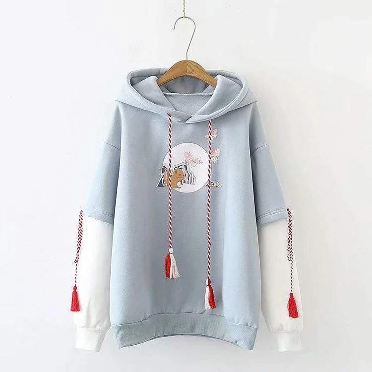 Women's Kawaii Squirrel Butterfly Printed Hoodies With Tassels